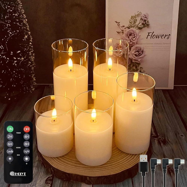 LEDHOLYT Rechargeable Flameless Candle, Flashing LED Pillar Real Wax Candle with Remote Control and Timer, Teardrop Wick, Clear Glass Electronic Candles, 1 Set of 5