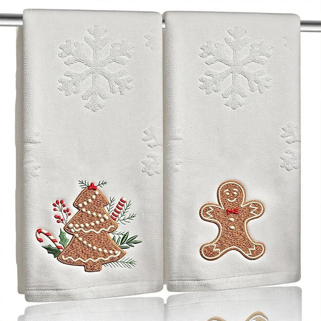 2 Pack Christmas Gingerbread Hand Towels 100% Cotton Jacquard Snowflake Embroidered Candy holiday Kitchen dish Towels Retro Neutral Beige Bathroom Towels Set gift Seasonal Xmas Winter Bathroom Decor