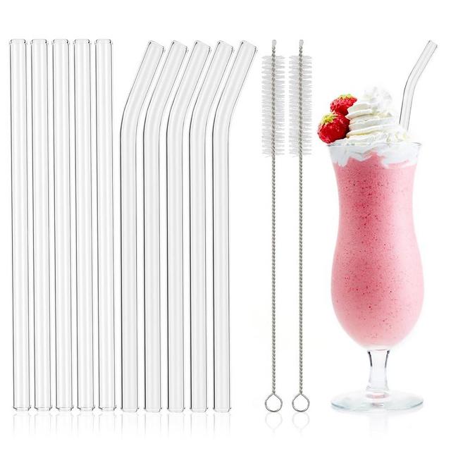 10 Pcs Reusable Clear Glass Smoothie Straws,9''x12 mm Wide Glass Straws Shatter Resistant for Milkshakes,Tea,Juice,Set of 5 Straight and 5 Bent with 2 Cleaning Brushes -Dishwasher Safe