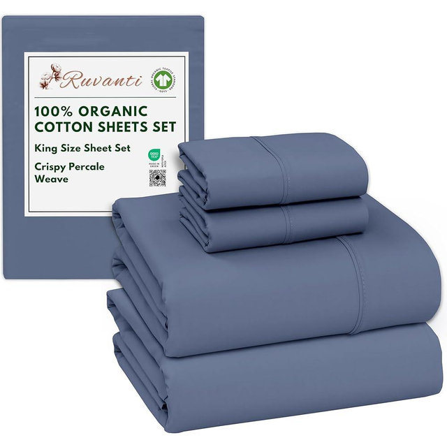 RUVANTI 100% Organic Cotton Sheets King Size, Percale Weave, GOTS Certified, 4-Piece Set, Deep Pocket 15", Crisp & Breathable, Soft Durable Bedding, Sábanas Algodón Orgánico – Wild Wind