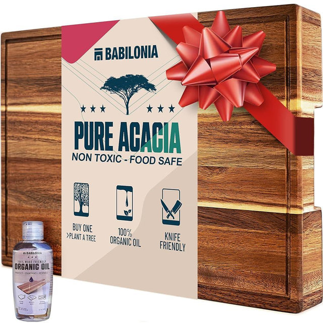 Acacia Wood Cutting Boards for Kitchen, Wooden Chopping Board for Meat, Cheese and Charcuterie Boards with Handles (ExtraThick 1.6"). Premium Quality Butcher Block (Oil bottle & Plate included)