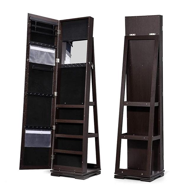 TWING Jewelry Organizer Jewelry Cabinet 360 Rotating, Lockable Standing Wall Jewelry Armoire with Full Length Mirror Large Jewelry Armoire Cabinet(Brown)