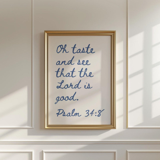 Psalm 34:8 Christian Wall Art Bible Verse Quote Coastal Granddaughter Prints Blue Wall Art Minimalist Faith Inspired Poster Apartment Decor