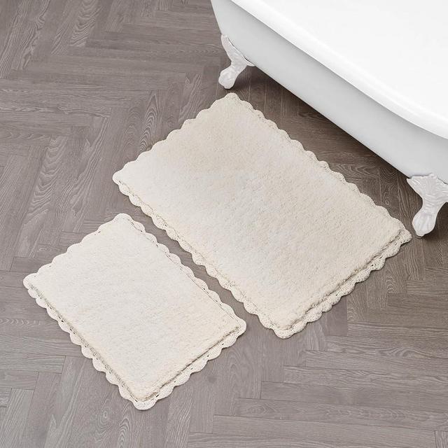 Laura Ashley Heathered Crochet Border 100% Cotton 17" x 24" / 20" x 32" 2-Piece Skid-Resistant Bath Rug Set, Ivory