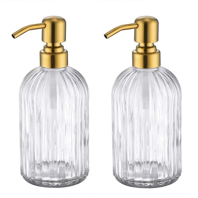 Leetcp Gold Glass Soap Dispenser with Rust Proof Metal Pump,16oz Vintage Soap Dispenser,Clear Glass Dish Soap Dispenser for Bathroom,Gold Kitchen Hand Soap Dispenser,Antique Soap Dispenser,2 Packs