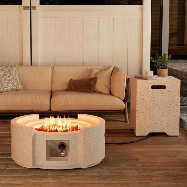 COSIEST 2-Piece Outdoor Propane Fire Pit Table Set, 27.6-inch X 24.2-inch Terrazzo White Round Fire Table (40,000 BTU) w 16 inches Tank Cover, Free Lava Rocks and Rain Cover