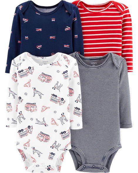 4-Pack Striped Firetruck Original Bodysuits, 6M