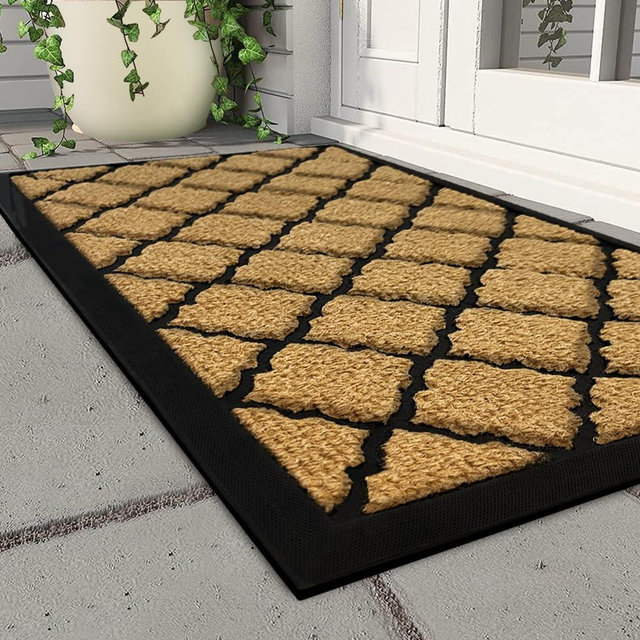 Qingbei Rina Outdoor Door Mat for Front Door- Dirt Trapping Welcome Door Mats - Non-Slip Outdoor Indoor Entrance - Low Profile Front Doormat (28" x 16", Bright Brown)