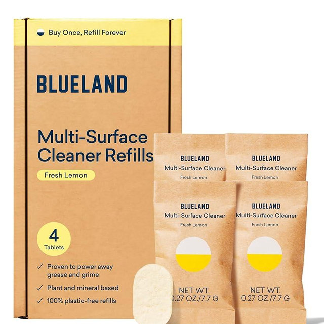 BLUELAND Multi-surface All Purpose Cleaner Refill Tablet 4 Pack | Eco Friendly Product & Cleaning Supplies - Fresh Lemon Scent | Makes 4 x 24 Fl oz bottles (96 Fl oz total)