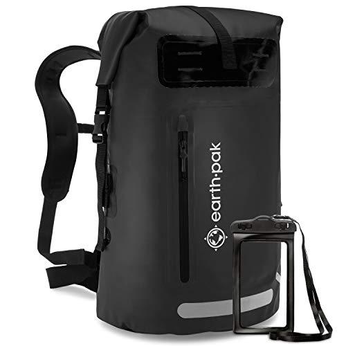 Earth Pak Waterproof Backpack: 35L / 55L Heavy Duty Roll-Top Closure with Easy Access Front-Zippered Pocket and Cushioned Padded Back Panel for Comfort; IPX8 Waterproof Phone Case Included