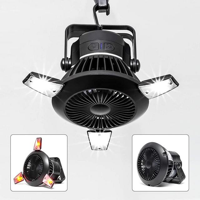 Busypiggy Solar Camping Fan with LED Lantern, Portable Tent Fan with Hanging Hook, Rechargeable USB Desk Fan for Home, Office, Tent, Car, Emergency Outages (4000mAh, 40 Hours Max Working Time)