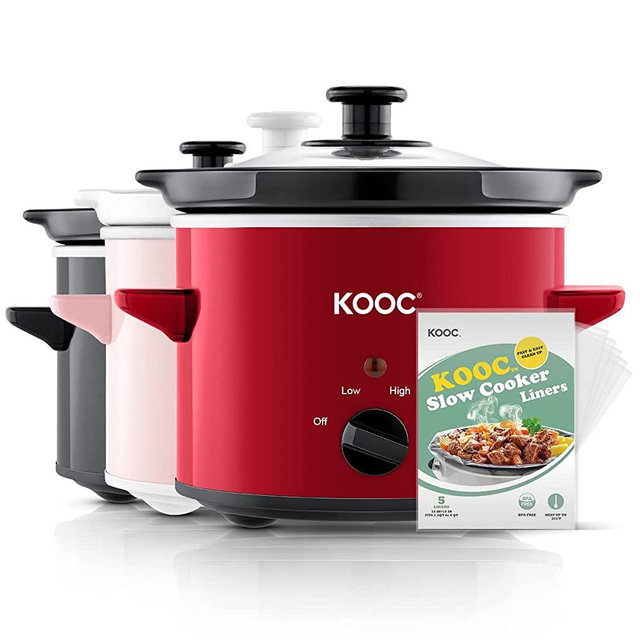 KOOC Small Slow Cooker, 2-Quart, Free Liners Included for Easy Clean-up, Upgraded Ceramic Pot, Adjustable Temp, Nutrient Loss Reduction, Stainless Steel, Red, Round