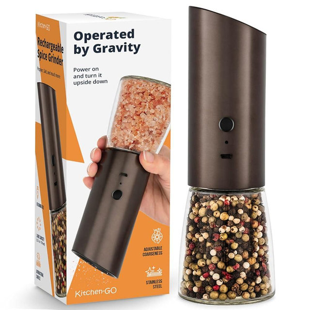 Rechargeable Electric Salt or Pepper Grinder, Automatic Gravity Mill with Adjustable Coarseness, Brushed Stainless Steel, Ceramic Blades and Refillable Glass (Bronze grinder - 1 unit)