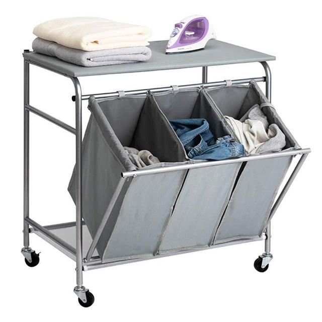 HollyHOME Laundry Sorter Cart with Unopenable Ironing Board with Side Pull 3-Bag Heavy-Duty Laundry Hamper and 4 Wheels Grey