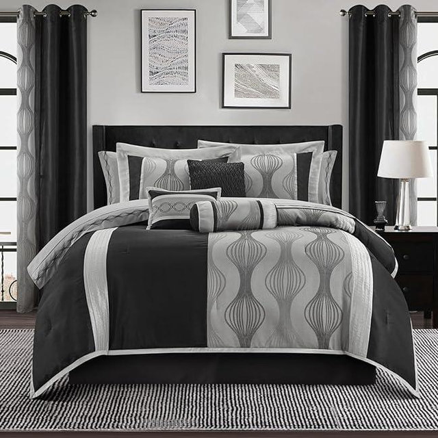 Grand Avenue Elegant Black and Silver Comforter Set Queen Size, Striped,15 Piece Room-in-A-Bag, Jacquard Bedding Set, All Season, Matching Decorative Pillows, Pillow Sham, Curtains