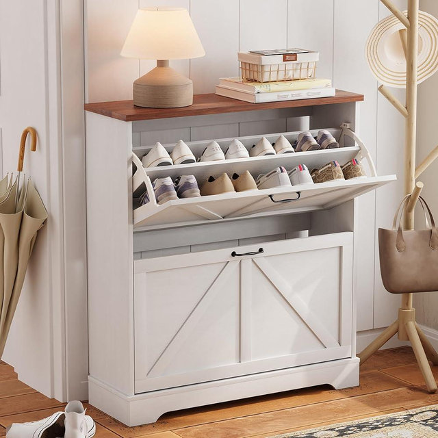 Semiocthome Farmhouse Shoe Storage Cabinet with 2 Flip Drawers, 31.5"(W) Freestanding Shoe Organizer with Barn Door and Metal Handles for Entryway, Corner Rustic Narrow Shoe Rack Cabinet - White