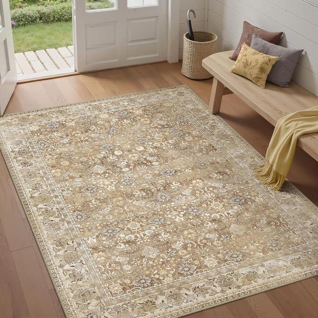 HUGEAR 5x7 Machine Washable Rugs Beige Hallway Area Rug Indoor Accent Rug Floral Low Pile Carpet Soft Throw Aesthetic Rug Bedroom Living Room Office Dining Room Kitchen Laundry Room Non Slip