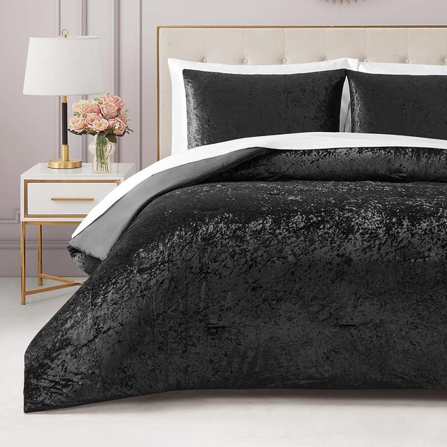 Juicy Couture Crushed Velvet King Comforter and Sham Set, 3-Piece King Bedding Set - (1) 102"x90" Comforter and (2) 20"x36" Sham - Black