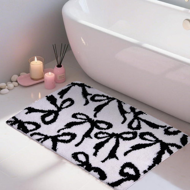 Bow Rug Black Bathroom Rugs, Coquette Bath Mat Non-Slip Absorbent Cute Aesthetic Room Decor Bathmat, Washable Plush Carpet for Bathtub Shower, Bedroom, Kitchen(20''*31'')
