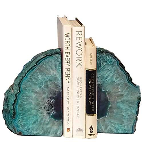 AMOYSTONE Bookends Agate Decorative Book Ends Stone for Shelves Dyed Teal with Rubber Bumpers(1 Pair, 3-4 LBS)