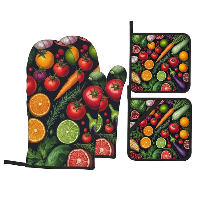 Oven Mitts and Hot Pads Set - Vegetables Design, Heat Resistant Cute Pot Holders for Kitchen, Baking Gifts for Women