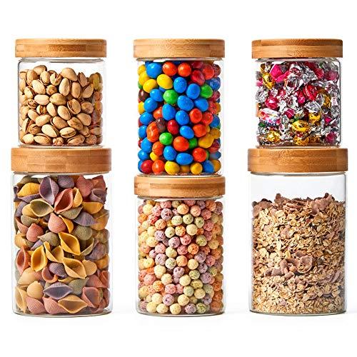 EZOWare 6 Piece Glass Airtight Jars Storage Canister Container Set with Bamboo Lid for Kitchen, Bathroom (20/30 / 46 FL OZ)