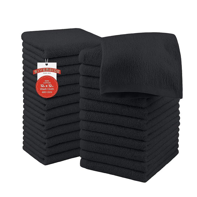 RIVERSIDE 24 Pack Washcloths Set - 100% Cotton [12x12 Inches] - Soft, Quick-Dry & Highly Absorbent Face Towels - Perfect for Bathroom, Gym, Hotel, Spa & Travel - Charcoal