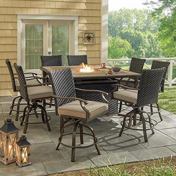 Berkley Jensen Portsmouth 9PC Aluminum High Dining Set with Fire & Swivel Chairs