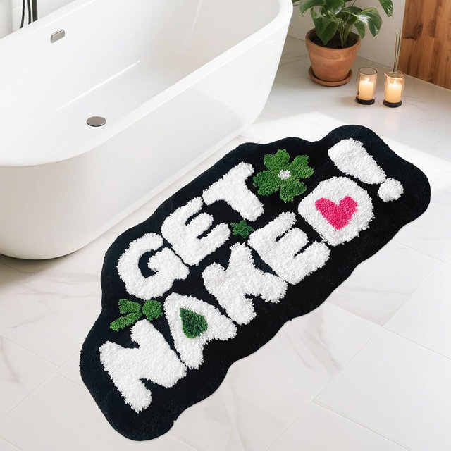 TWWDE AUG Get Naked Black Bathroom Rug – Funny Plush Non-Slip Bath Mat, 20”x40” Absorbent Quick-Dry Microfiber, Cute Flower & Heart Design, Humorous Decor for Bathtub, Bedroom, Shower