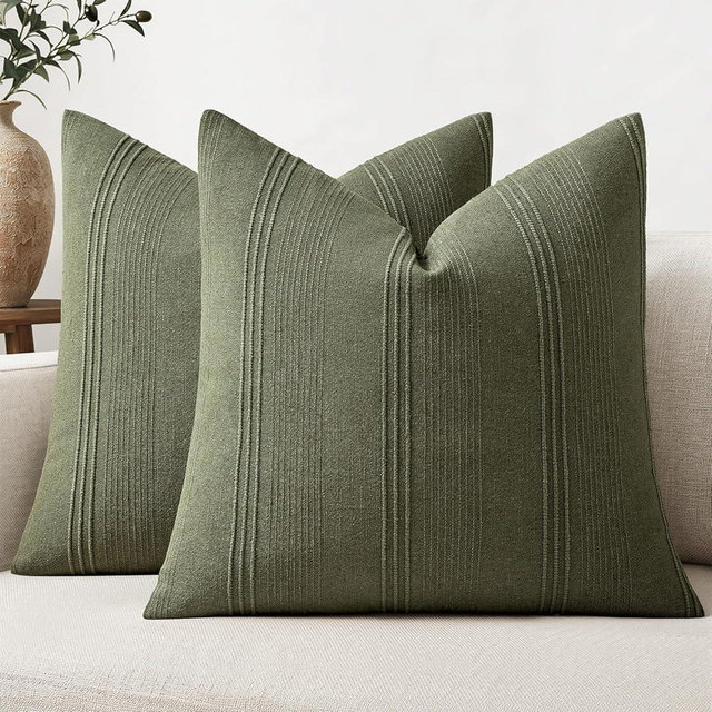 MIULEE Striped Throw Pillow Covers 22x22 Decorative Textured Pillow Covers Pack of 2 Linen Cushion Cases for Couch Bed Sofa Livingroom Farmhouse Home Decor, Olive Green