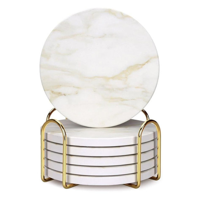 White Marble Style Ceramic Coasters Set of 6 with Holder Modern Coffee Table Decor Drink Coaster Gifts Absorbent Stone Coasters for Rustic Farmhouse Bar