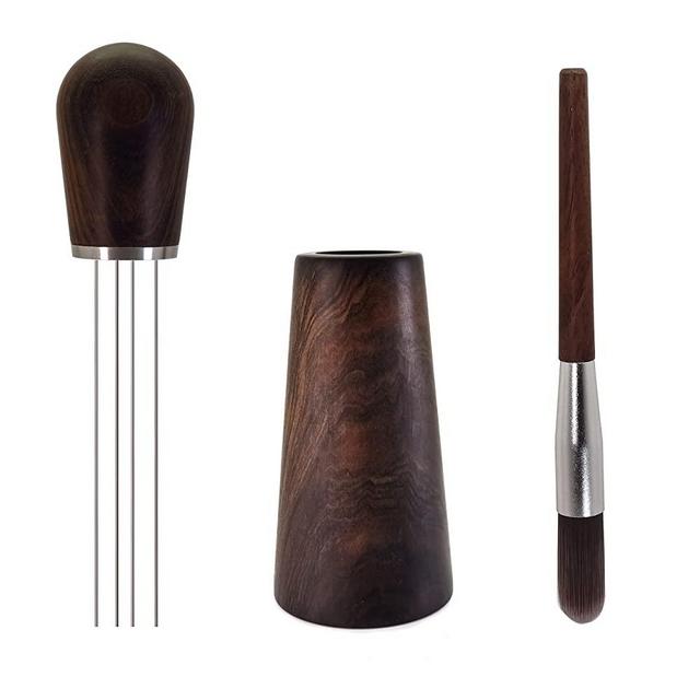 MIGOOZI Espresso Coffee Stirrer, Professional Barista Distribution WDT Tool, Wood Handle Stainless Steel 4 Needles Espresso Coffee Stirrer Set with Stand and Walnut Cleaning Brush (Black Walnut Wood)