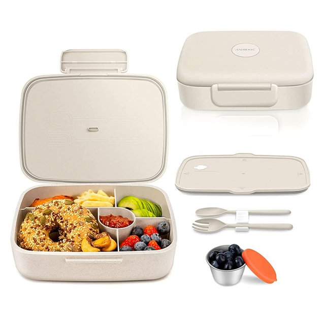 ANDMOON Bento Lunch Box, 5 Compartments Lunch Container for Adults with Snack cup, Wheat Fiber Eco-Friendly Double Insulated Boxes, Dishwasher and Microwave Safe, BPA-Free (White)