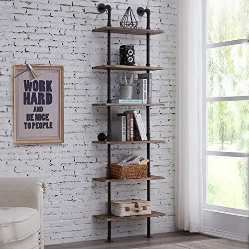 Hombazaar Industrial 6-Tier Modern Ladder Shelf Bookcase, Vintage Metal Pipes and Wood Shelves, Rustic Display Bookshelf for Storage Collection,Retro Brwon