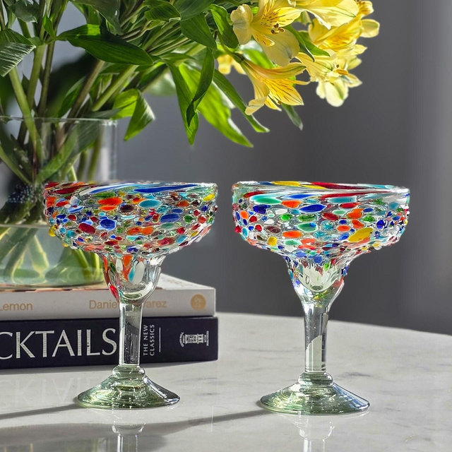 Margarita Glasses Hand Blown Confetti Multicolor, Rainbow, Patio Glasses, Colorful Mexican Glasses