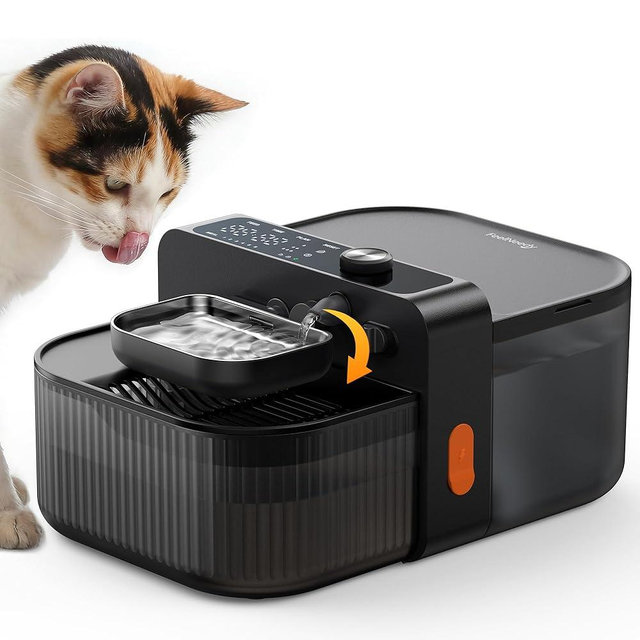FEELNEEDY Wireless No Filters Cat Water Fountain, Wastewater Separation, Stainless Steel Bowl, 3000mAh 3.5L Pet Water Fountain for Indoor Cats & Dogs Dispenser, Black