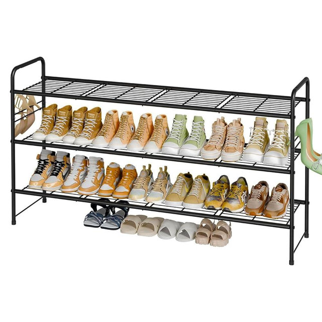 MWQ 3 Tier Shoe Rack for Closet, 46.5 Inch Extra Long Shoe Storage Organizer for Shelves, Heavy Duty Metal, Easy Assembly, Black