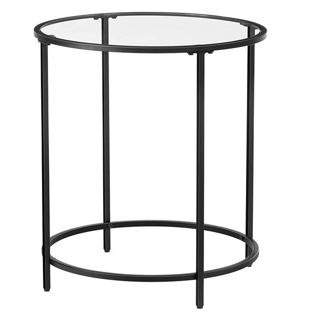 VASAGLE Round Side Table, Glass End Table with Metal Frame, Small Coffee Accent Table, Bedside Table, Modern Style, for Living Room, Balcony, Bedroom, Black ULGT020B01
