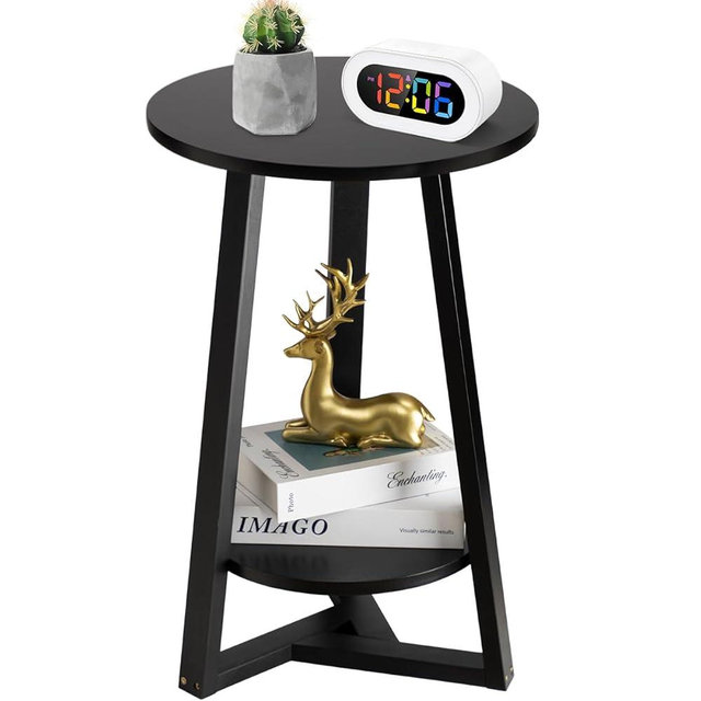 Hadulcet Black Side Table, Two-Tier Round End Table, Modern Small Side Table Living Room, Bedroom & Balcony, Black End Table with Storage Shelf with Solid Wooden Legs