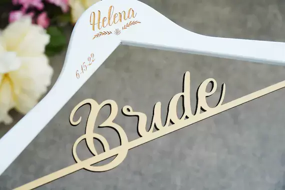 White Wedding Dress Hanger, Personalized Bridal Hanger, Gold Bar Hanger, Bridal Shower Gift, Bridal Name Hanger, Wedding Party Gift