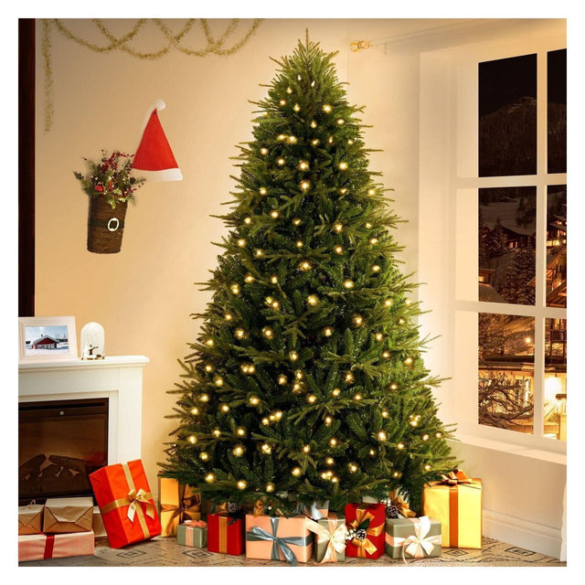 Home Imports Emporium 7.5ft Christmas Tree with Lights, Hinged Design with Foot Pedal, 2755 Branch Tips, 600 Warm Lights and Metal Stand