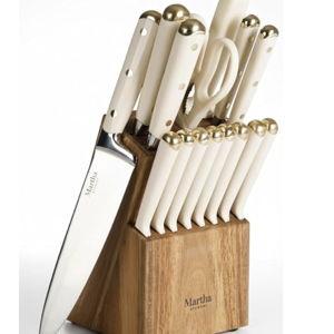 Martha Stewart Knife Block Set 16-Piece - Lockton High Carbon Stainless Steel Forged Full Tang Chef Knives, Acacia Wood Block, Triple Riveted Handles, Linen White & Gold