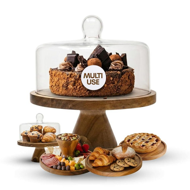 Stellarie Acacia Wood Cake Stand with Glass Dome Lid, Reversible Cake Stand and Serving Board Designed for Everyday Use, Desserts, Charcuterie, and Gifting