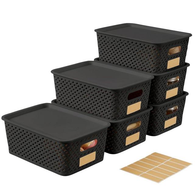 Bagnizer Plastic Twill Woven Storage Baskets with Lids, Stackable Organizing Containers with Label for Kitchen Pantry Closet Office, 6-Pack,10.35"x7.3"x4.09", Black