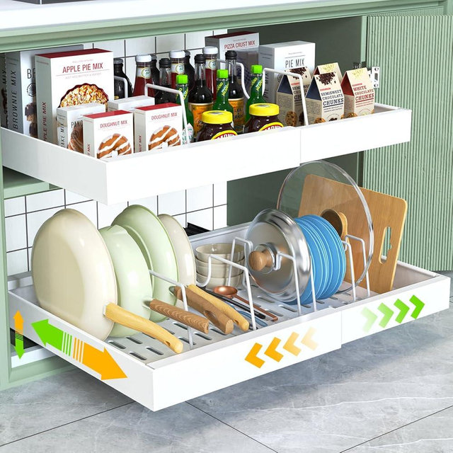 Mlinavn 2 Pack Pull Out Cabinet Organizer,21" Deep,Expandable Compatible Framed Cabinet Slide Out Organizers,With Adhesive Nano Film And 6pcs Divider Racks Pull Out Drawers For Kitchen Cabinets