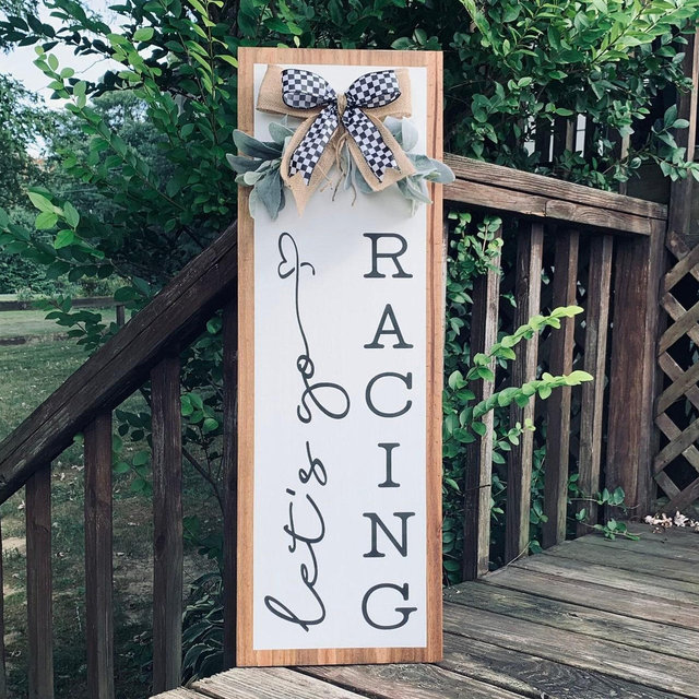 Let’s Go Racing Sign With Checkered Flag Bow | Racing Decor | Gift for Race Fan