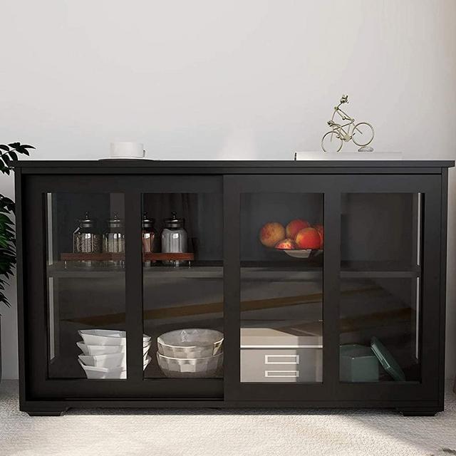 Kitchen Storage Cabinet RASOO Antique Stackable Black Buffet Storage Sideboard Adjustable Shelf Inside Credenza Cupboard with Transparent Glass Sliding Door
