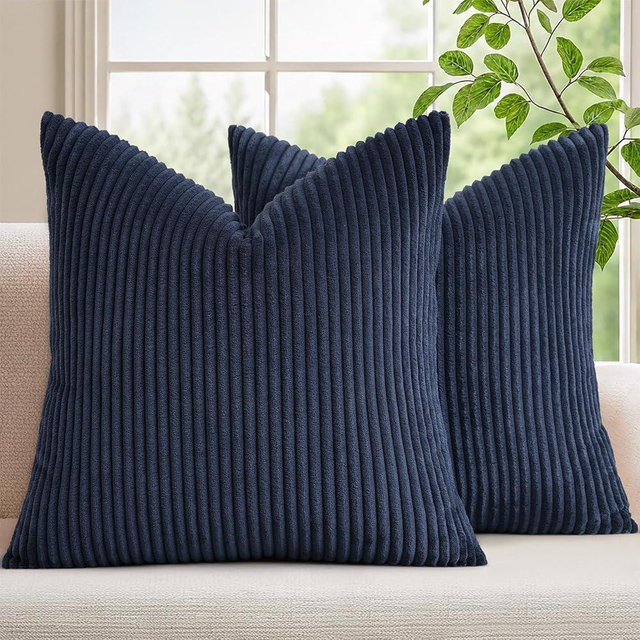 Mecatny Corduroy Decorative Throw Pillow Covers 16x16 Set of 2 for Sofa Living Room, Soft Neutral Boho Couch Pillow Covers for Home Decor, Deep Blue