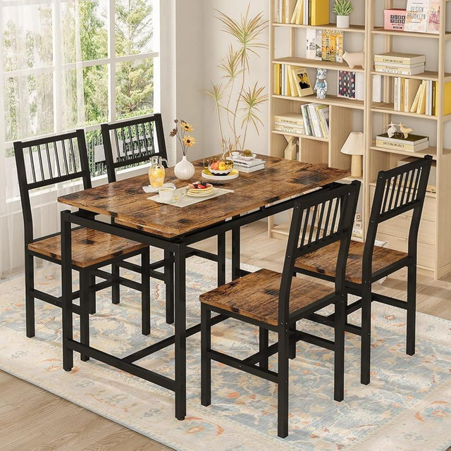 AWQM 47.2 Inch Kitchen Table Set for 4, Industrial Dining Table with 4 Curved Chairs Set, 5-Piece Rectangular Kitchen Table Set for Dining Room, Breakfast Nook, Small Space, Rustic Brown