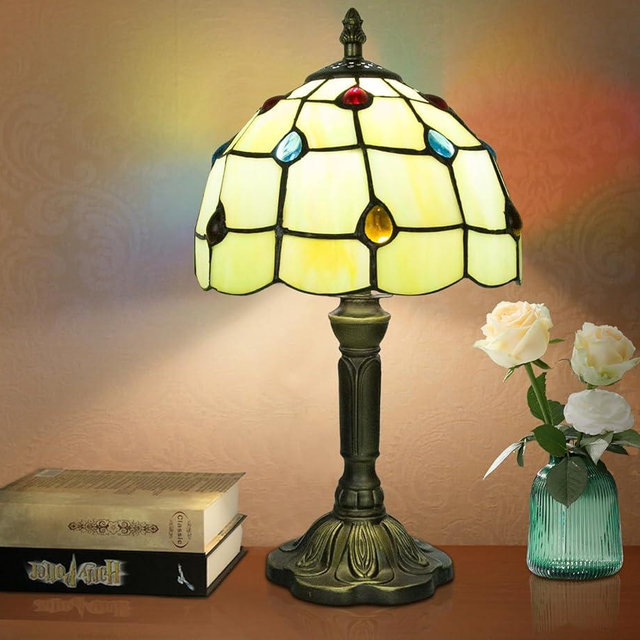 Crefotu Tiffany Style Table Lamp, 3 Color Temperatures Bedside Lamp, 8 Inch Stained Glass Desk Light for Home Office Bedroom Living Room (Phoenix Tail Pattern)